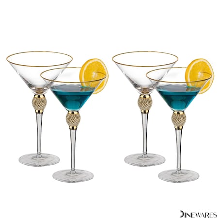 Dinewares 4 Piece Premium Clear Stem Crystal Martini Glasses with Gold Rim and Diamond-like QI004760.GD.4