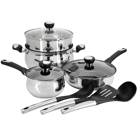 Oster Baldwyn 10 Piece Stainless Steel Belly-Shaped Nonstick Cookware and Utensil Set 750122103M
