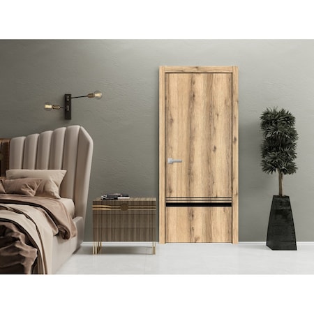 Sartodoors Modern Wood Interior Door with Hardware, Planum 0012 Oak and Aluminum Strips, Single Panel Frame Tr PLANUM0012ID-DUB-2896
