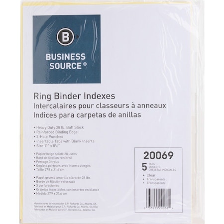 Business Source Ring Binder Indexes, 5 Tabs, 3-Hole Punched, Manila, PK50 BSN20069BX