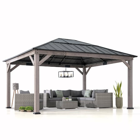 Sunjoy 13 ft. x 15 ft. Cedar Framed Gazebo with Black Steel and Polycarbonate Hip Roof Hardtop A102007651