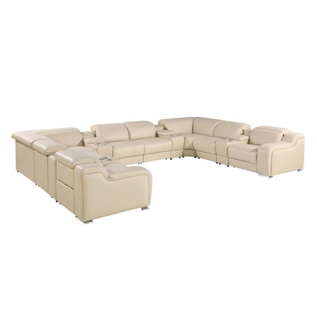 Homeroots Beige Italian Leather Power Reclining U Shaped Twelve Piece Corner Sectional With Console 632553