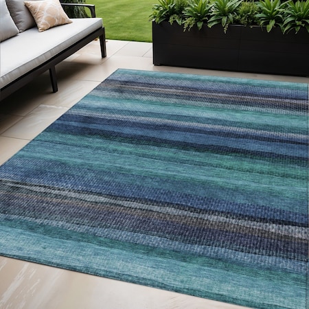 5' X 8' Teal Blue Aqua And Navy Blue Striped Washable Indoor Outdoor Area Rug