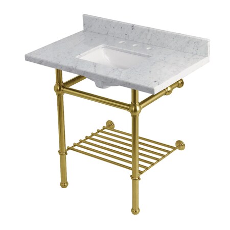 Kingston Brass 36-Inch Carrara Marble Console Sink with Brass Legs and Shelf, 8-Inch, 3-Hole KVPB36MBSQB7
