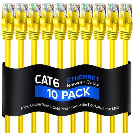 Maximm 5ft Cat6 Round LAN Patch Cable, 10PK, Yellow, 10PK CAT6-5YL-10PK