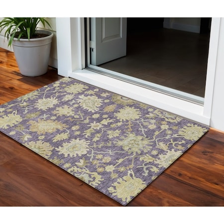 Homeroots 3' X 5' Eggplant Beige And Green Floral Washable Indoor Outdoor Area Rug 605199