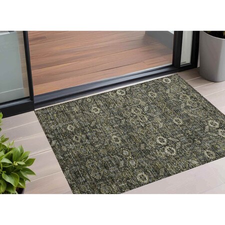 Homeroots 2' X 3' Moss Green and Gray Floral Washable Non Skid Indoor Outdoor Area Rug 564374