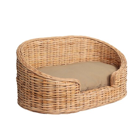 The Licker Store Curvy 28.5 in x 17.25 in Classic Handwoven Water Hyacinth Pet Bed with Cushion, Light Brown DBD1000B