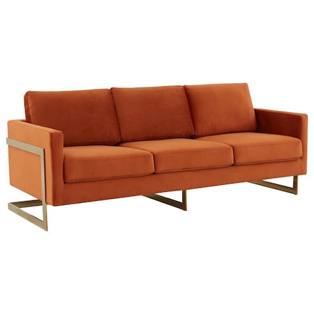 Leisuremod Lincoln Upholstered Velvet Sofa with Gold Frame, Orange Marmalade LA83OR