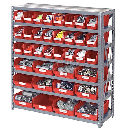 Global Industrial Steel Shelving with 48 4"H Plastic Shelf Bins Red, 36x18x39-7 Shelves 603438RD