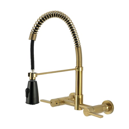 Kingston Brass Double-Handle Wall-Mount Pre-Rinse Bridge Kitchen Faucet, Brushed Brass GS8287CTL