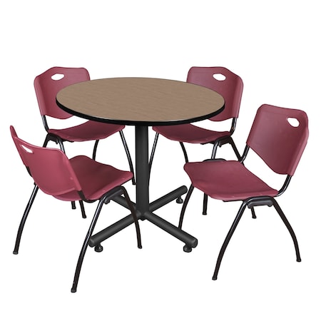 Regency Round Kobe Breakroom Table W/ 4 M Stack Chairs, 36 in W, 36 in L, Noble Oak TKB36RNDNO47BY