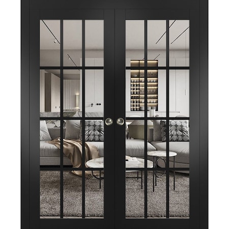 Sartodoors Sliding French Double Pocket Doors, Felicia 3355 Matte Black with Clear Glass, Kit Trims Rail Hard FELICIA3355DP-BLK-6484