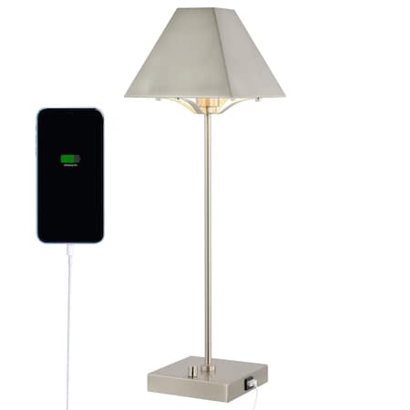 Jonathan Y Ruthen 25 in. Industrial Style Iron Pyramid Bedside LED Table Lamp with USB Charging Port, Nickel JYL6017A