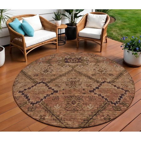 Homeroots 8' Orange Copper And Brown Round Floral Washable Indoor Outdoor Area Rug 588908