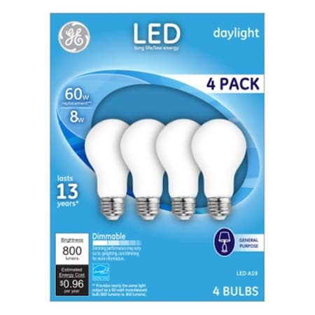 Ge Industrial Solutions LED Bulb, General Purpose, 750 Lumens, 8 W, A19 Lamp, 60 W Equivalent, Medium Lamp Base, 4PK 93098314