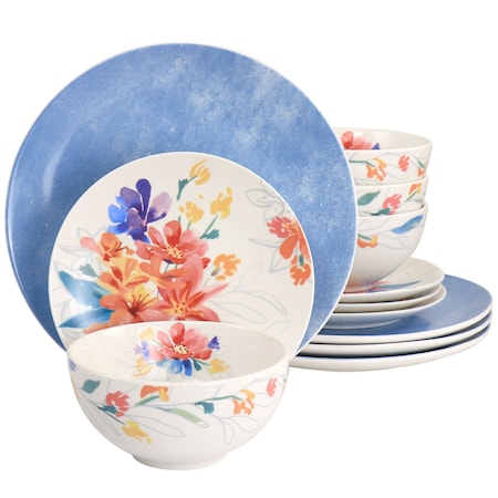 Spice By Tia Mowry Goji Blossom 12 Piece Fine Ceramic Dinnerware Set in Blue 97186.12