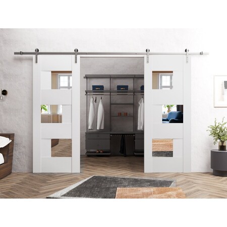 Vdomdoors Modern Double Barn Door Sete 6999 White Silk with Mirror 13FT Rail Track Set Solid Panel Interior SETE6999DB-S-WS-36