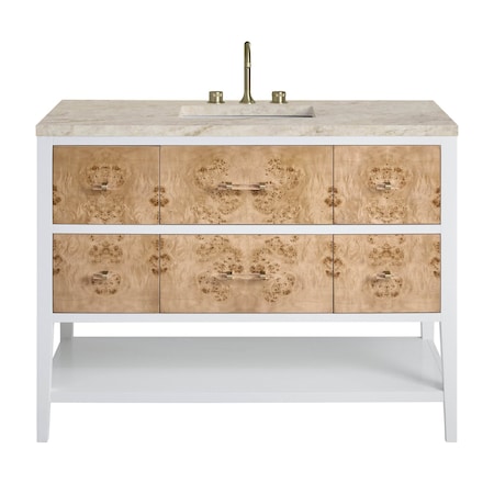 James Martin Vanities Olena 48" Single Vanity, Light Mappa Burl and Polished White, w/ 3 CM Tajnar Eclos Top D804-V48-LMB-3TJR