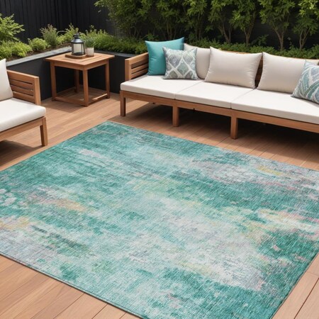 Homeroots 5' X 8' Teal Blue Peach And Ivory Abstract Washable Indoor Outdoor Area Rug 615885