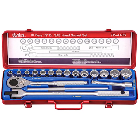 Genius Tools 18PC 1/2in Dr. 12-pt. SAE Hand Socket Set TW-418S