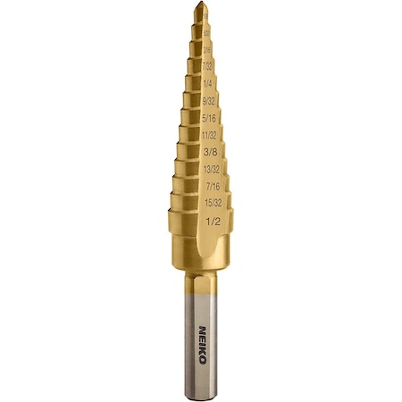 Neiko Titanium Step Drill Bit, High-Speed Alloy-Steel Bit, 13 Step Sizes from 1/8 Inch to 1/2 Inch 10182A