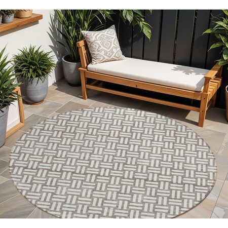 Homeroots 8' Taupe And Gray Round Geometric Washable Indoor Outdoor Area Rug 595609