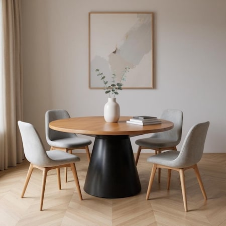 Homeroots 63" Brown and Black Solid Wood and Metal Pedestal Base Round Top Dining Table 597661