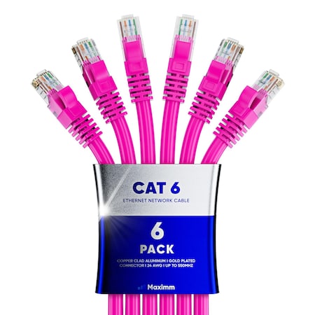 Maximm Cat6 Ethernet Cable 1.5ft 10Gbps 550MHz UTP, 6PK, Pink, 6PK CAT6CCA-1.5PN-6PK