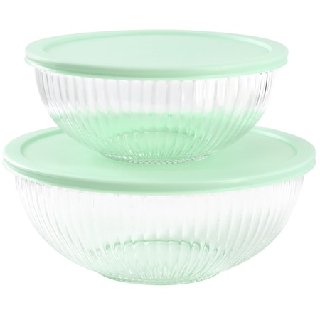 Martha Stewart Everyday Clifftop 4 Piece 67oz and 114oz Glass Bowl Set with Lids in Mint 140790.04