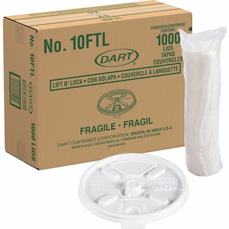 Dart Lid for 10 oz. Hot Cup, Flat, Lock Back Tear Tab, White, Pk1000 10FTL
