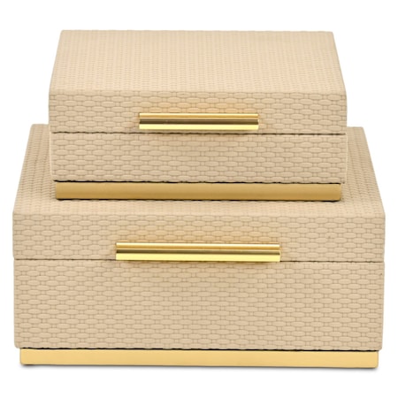 Homeroots Set of Two Taupe And Gold Square Nesting Decorative Storage Boxes With Lids, 2PK 712921