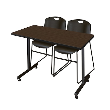 Regency Kobe T-Base Training Seminar Table W/ 2 Zeng Stack Chairs, 48 in W, 24 in L, Neo Walnut MKTRCT4824NW44BK
