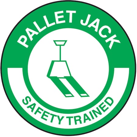 Accuform Hard Hat Sticker, 214 in Length, 214 in Width, PALLET JACK SAFETY TRAINED Legend, Adhesive Vinyl LHTL338