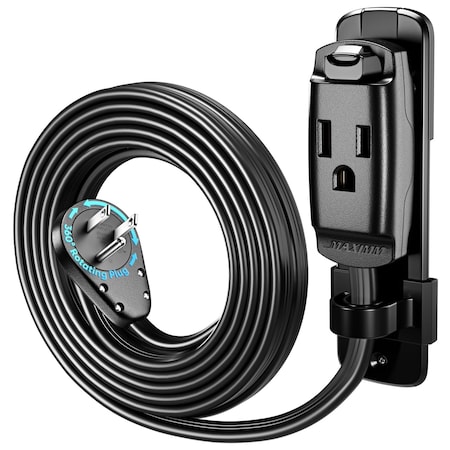Maximm 15ft 14AWG Heavy Duty AC Extension Cord, 360 degrees Flat Plug, Black ADW-S360-C6F15-14B0-WM