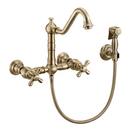 Whitehaus Collection Vintage III Plus Wall Mount Faucet with a Long Traditional Swivel Spout, and Solid Brass Side Spray WHKWCR3-9402-NT-AB