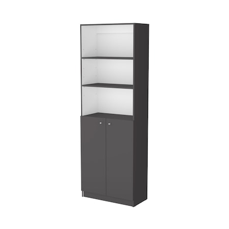 Homeroots 71" Gray And White Wood Three Tier Bookcase with Two Doors 546197