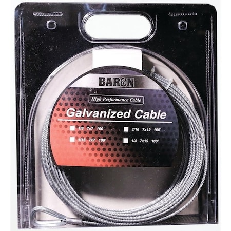 Baron BARON 96005/50069 Aircraft Cable, 1220 lb Working Load Limit, 100 ft L, 1/8 in Dia, Galvanized Steel 96005/50069