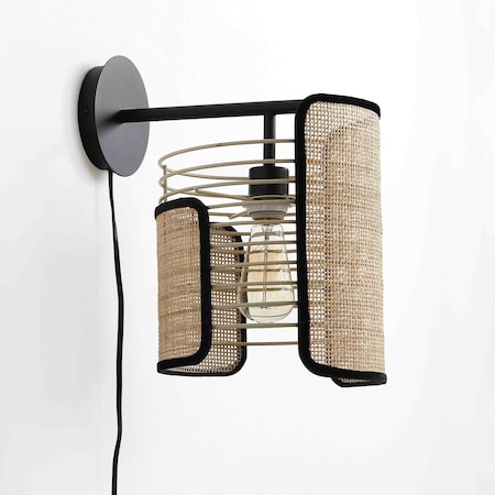 Vidalite Mazal Wall Sconce with Woven Wicker Shade, Stitched Velvet Detailing, Plug In, Flush Mount Canopy CE1009076