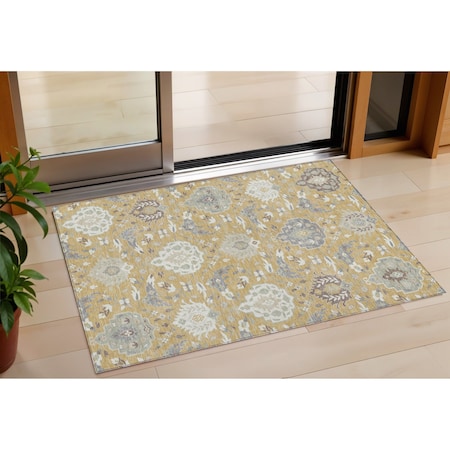 Homeroots 3' X 5' Gold Ivory And Gray Damask Washable Indoor Outdoor Area Rug 599412