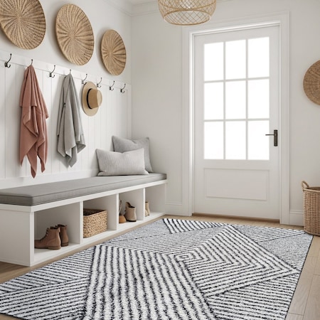 World Rug Gallery Minimal Stripe Geometric Shag Area Rug 4 ft x 6 ft White WR130WHITE4X6