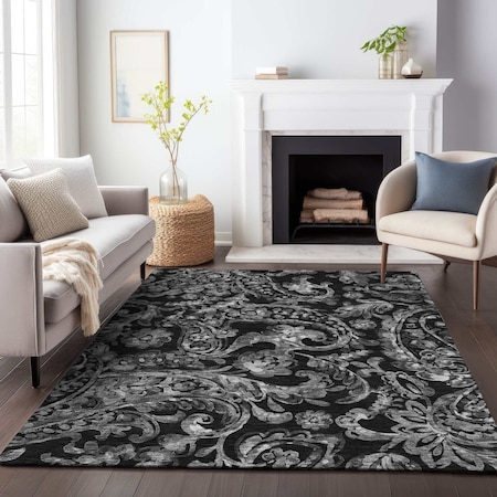 Homeroots 8' X 10' Black Gray And Charcoal Paisley Washable Indoor Outdoor Area Rug 588633