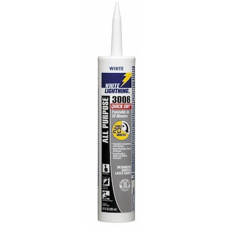 White Lightning 3006 Quick Dry Caulk, White, 7 days Curing, 40 to 140 deg F, 10 fl-oz Syringe W12QD0010