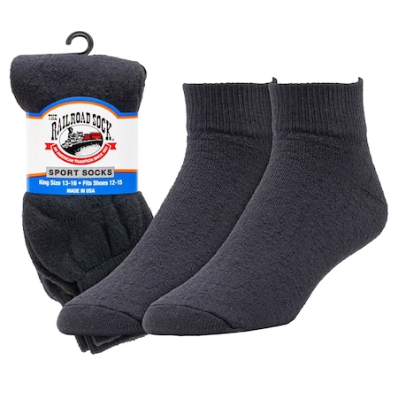 Railroad Sock King Size Quarter Sport Socks, Black, 2PK 1568K BK