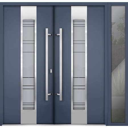 Vdomdoors Steel Double Doors Deux 0757 Gray Graphite Sidelight Exterior Window Stainless Inserts Single Moder DEUX0757DEXD-GRE-RH-W72+14 x H80