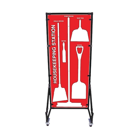 5S Supplies Housekeeping Shadow Board Broom Station V17, Red / White, BO + Stand HSB-V17-RED/WHITE-BO-STAND