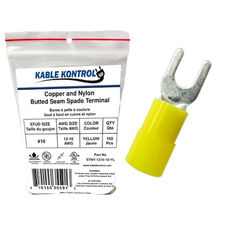 Kable Kontrol Copper and Nylon Butted Seam Spade Terminal, 12-10 AWG, Stud Size # 10, Yellow, 100 Pcs, 100PK STNY-1210-10-YL