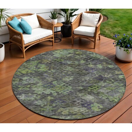 Homeroots 8' Green Charcoal And Black Round Floral Washable Indoor Outdoor Area Rug 604146