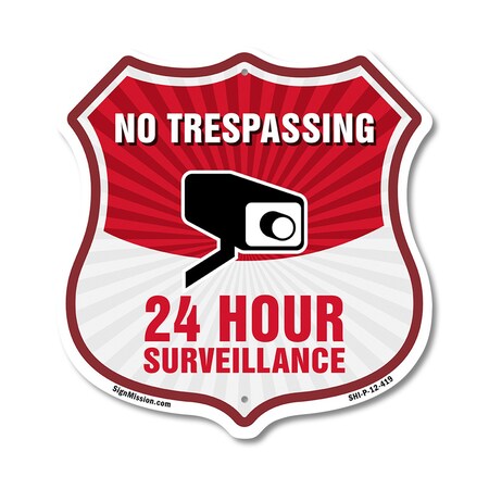 Signmission No Trespassing Shield Sign 24 Hour Surve, 12 Inch X 12 Inch, Plastic Sign SHI-P-12-419