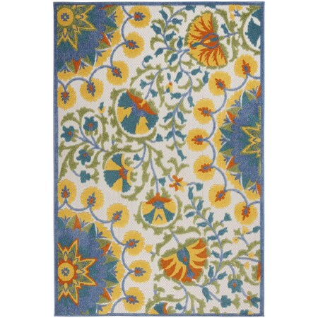 Homeroots 4' X 6' Ivory Blue Yellow And Orange Floral Indoor Outdoor Area Rug 546815